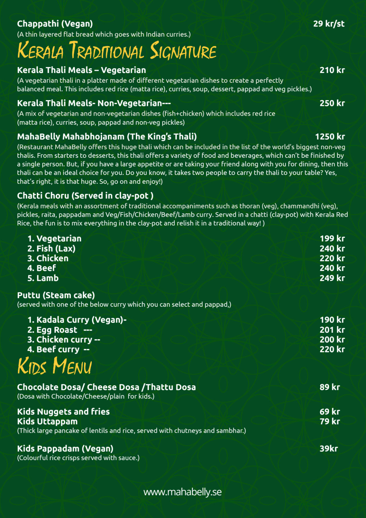 Mahabelly Taste Of Kerala- Indian Restaurant menu