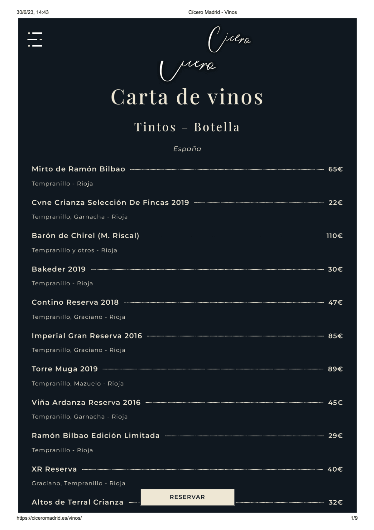 Cicero Madrid menu
