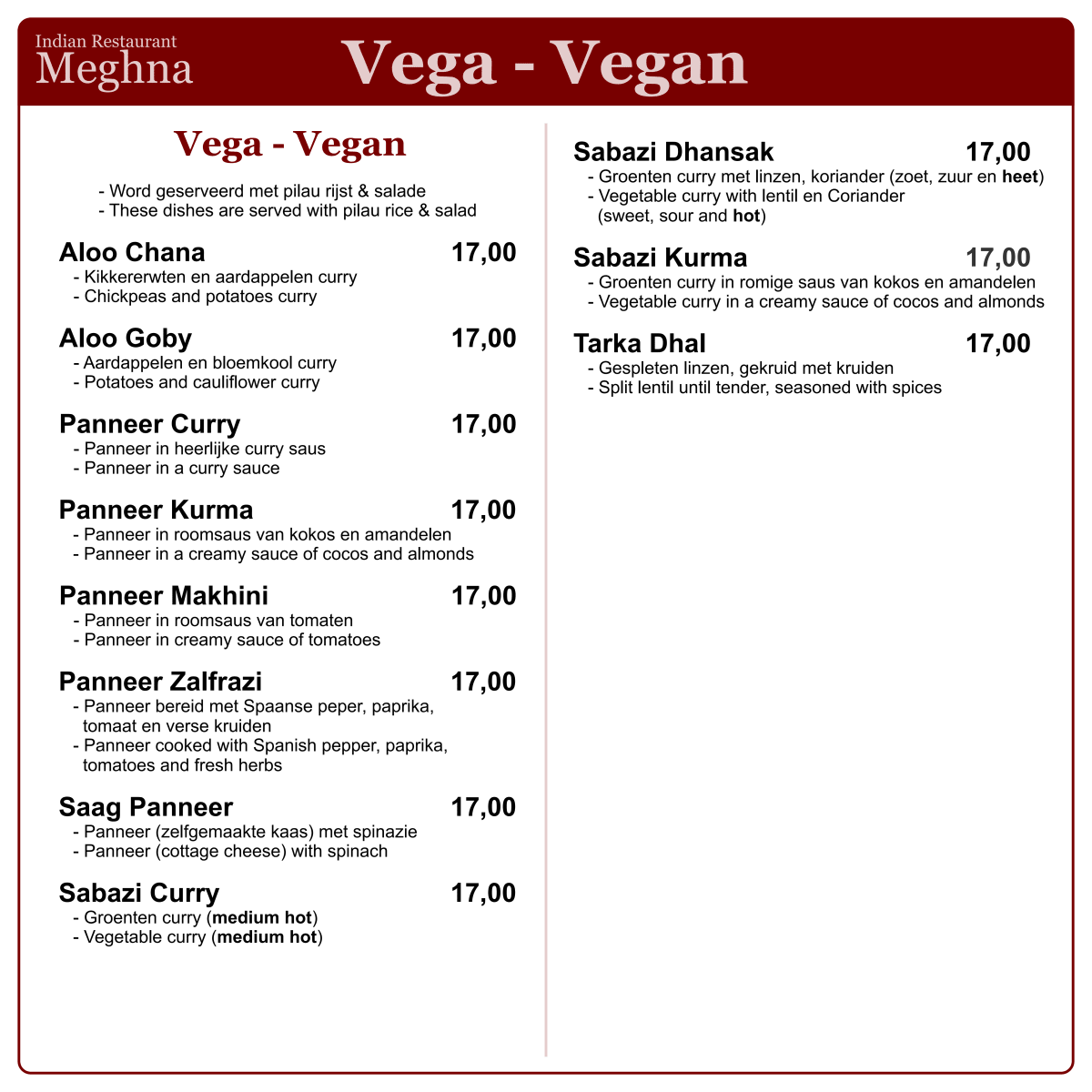 Meghna menu