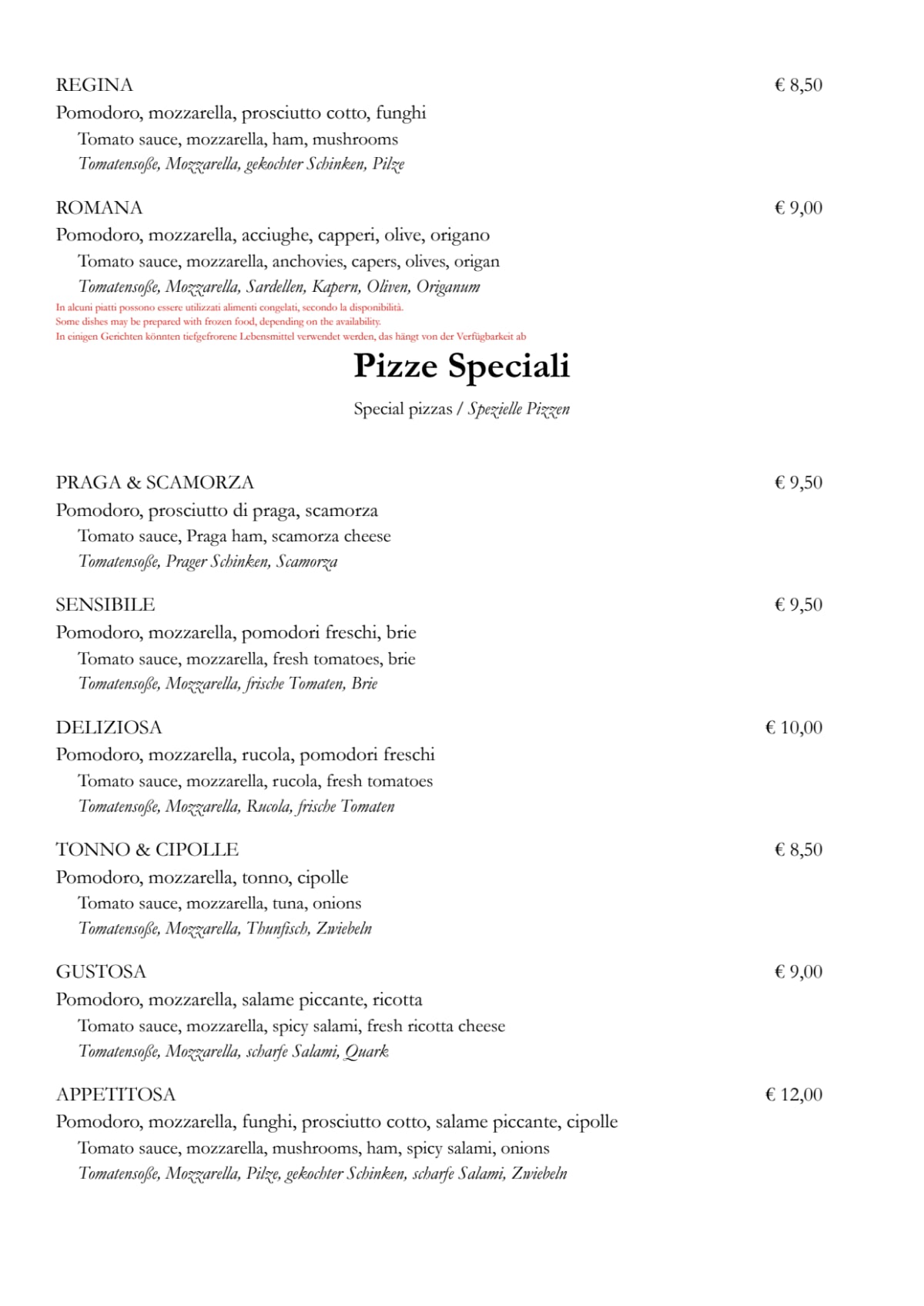 One Way della Speranza menu