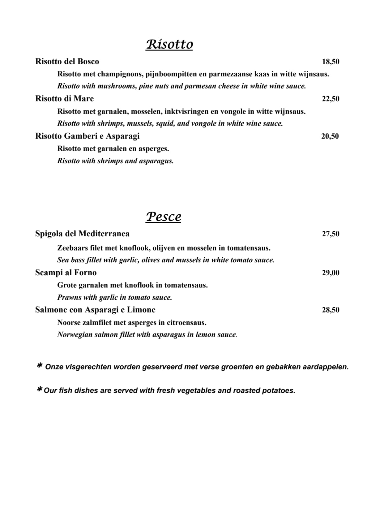 Piccolo Mondo menu