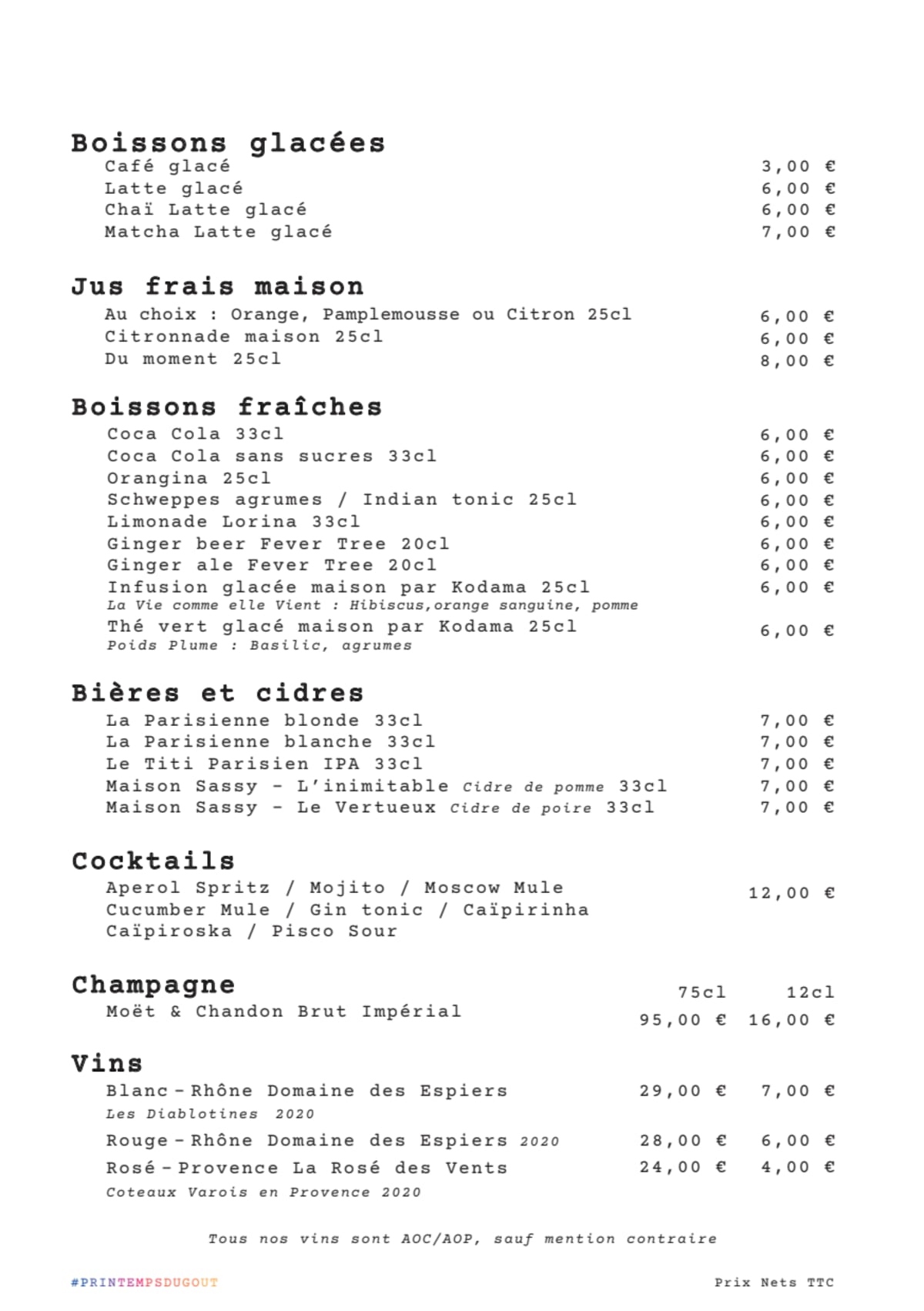 Le Café Vert menu