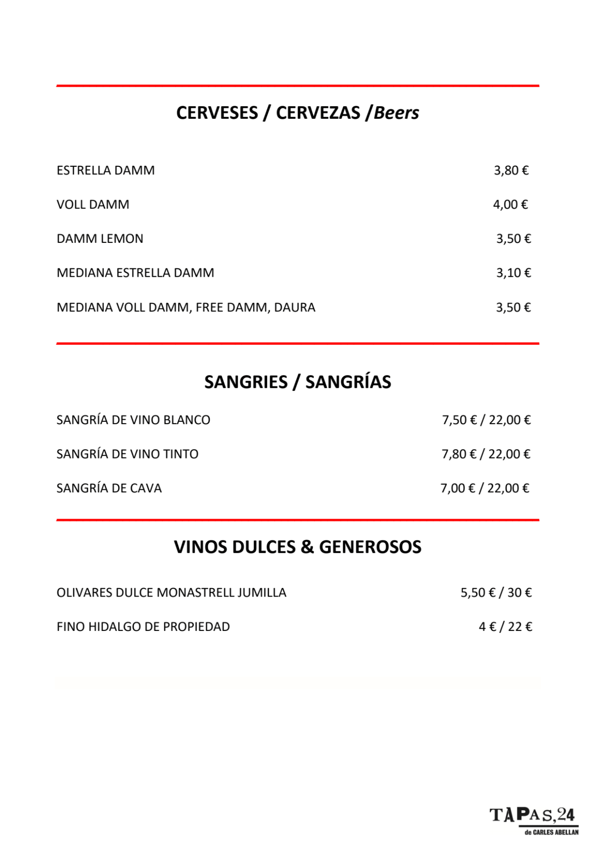 Tapas 24 - Diputació menu