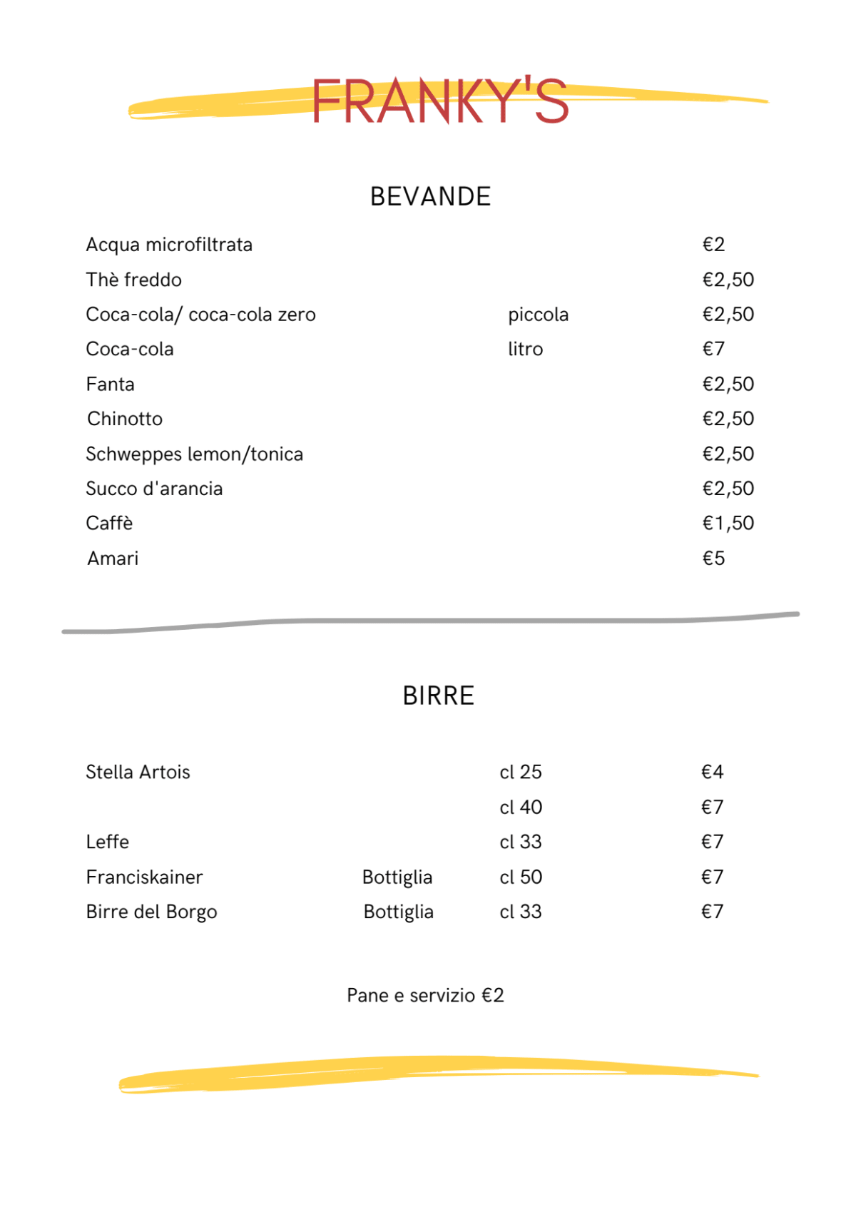 Franky's menu