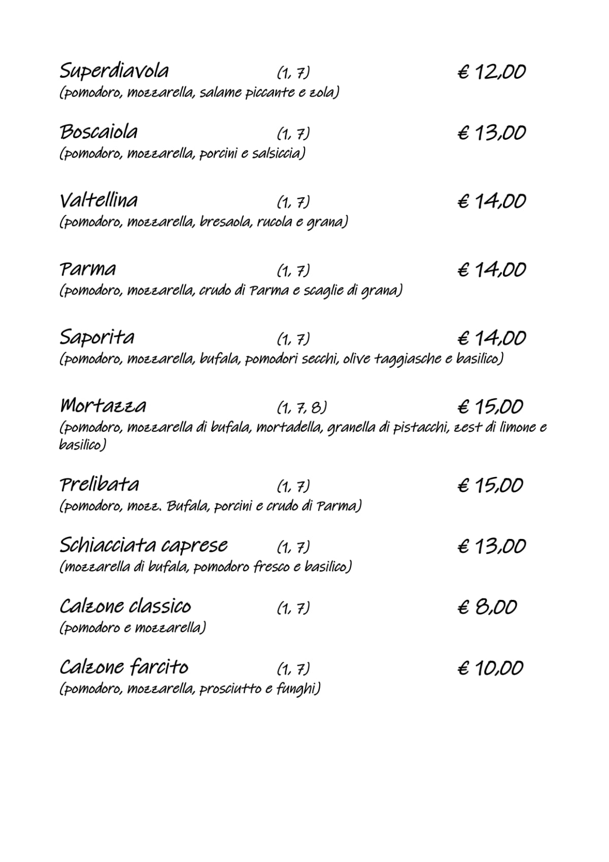 Caffè degli Artisti menu