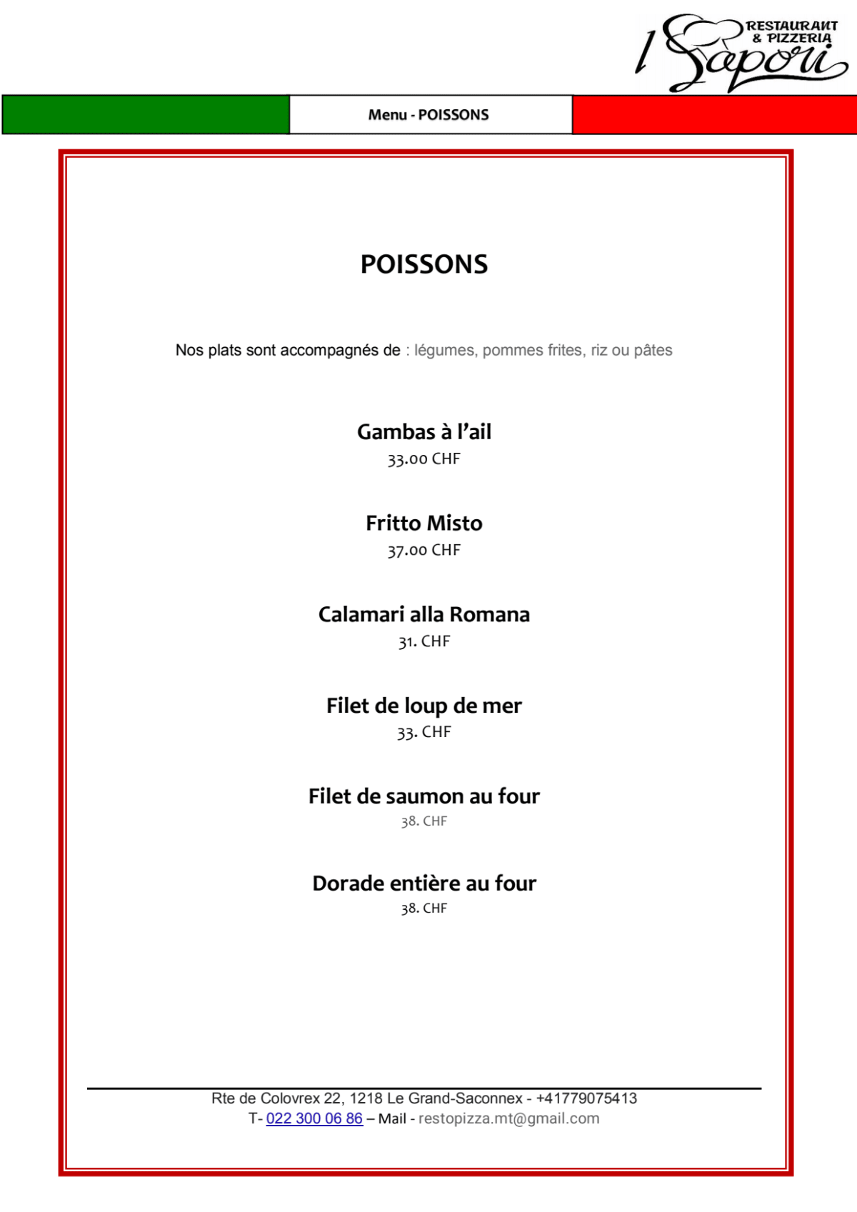 I Sapori Restaurant & Pizzeria menu