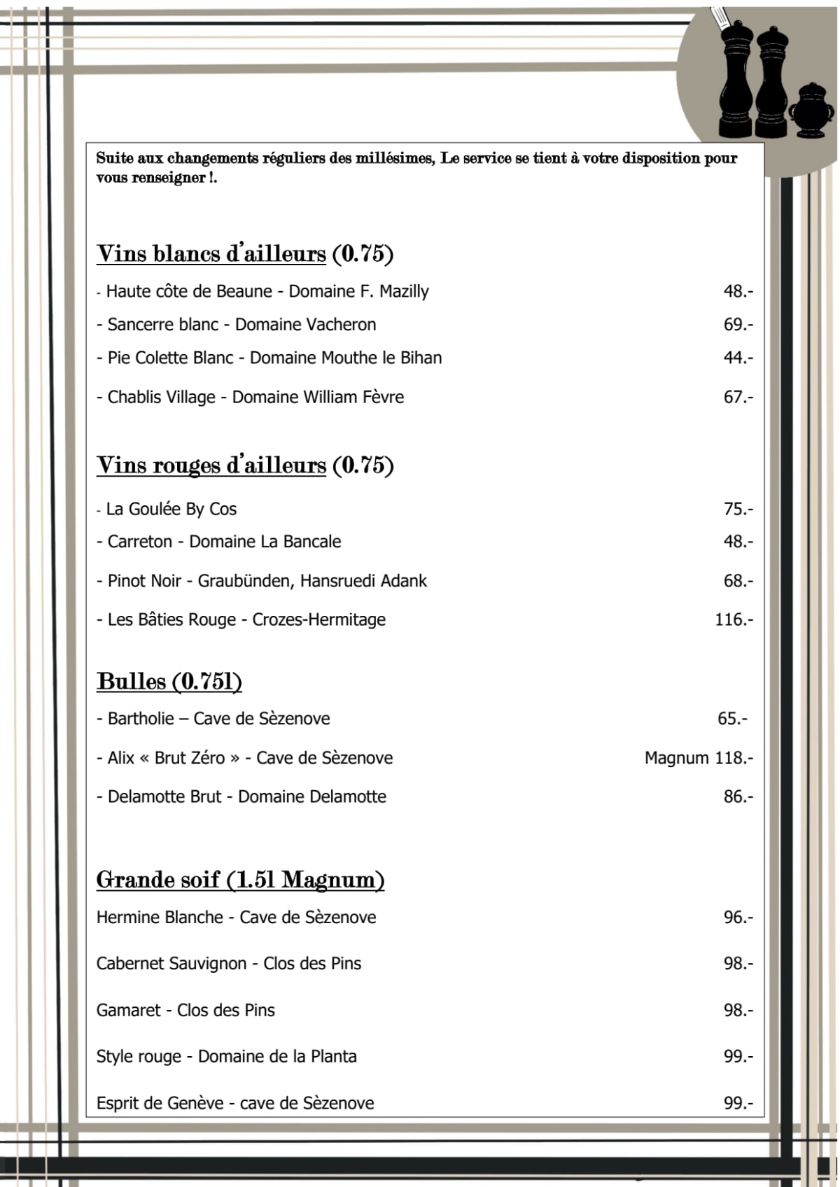 Auberge Communale de Meyrin menu