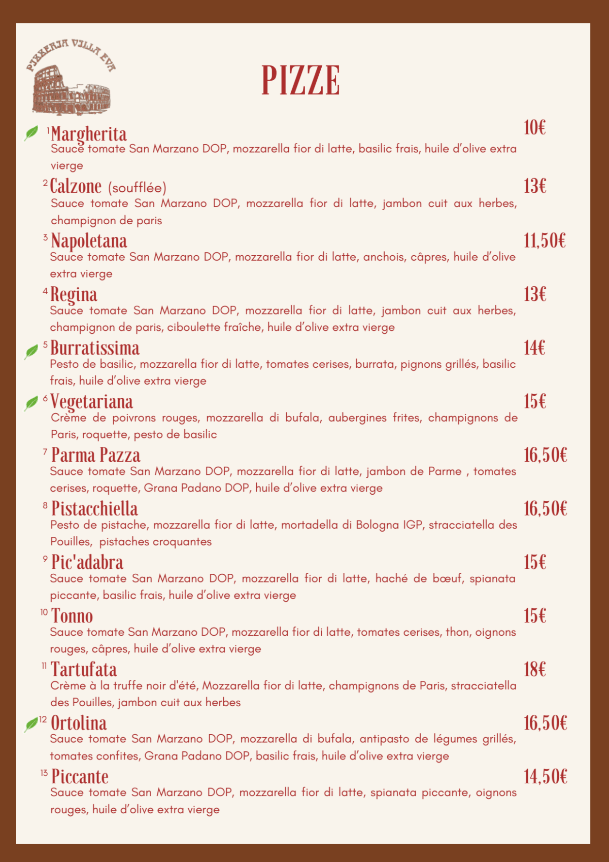 La Villa Eva menu