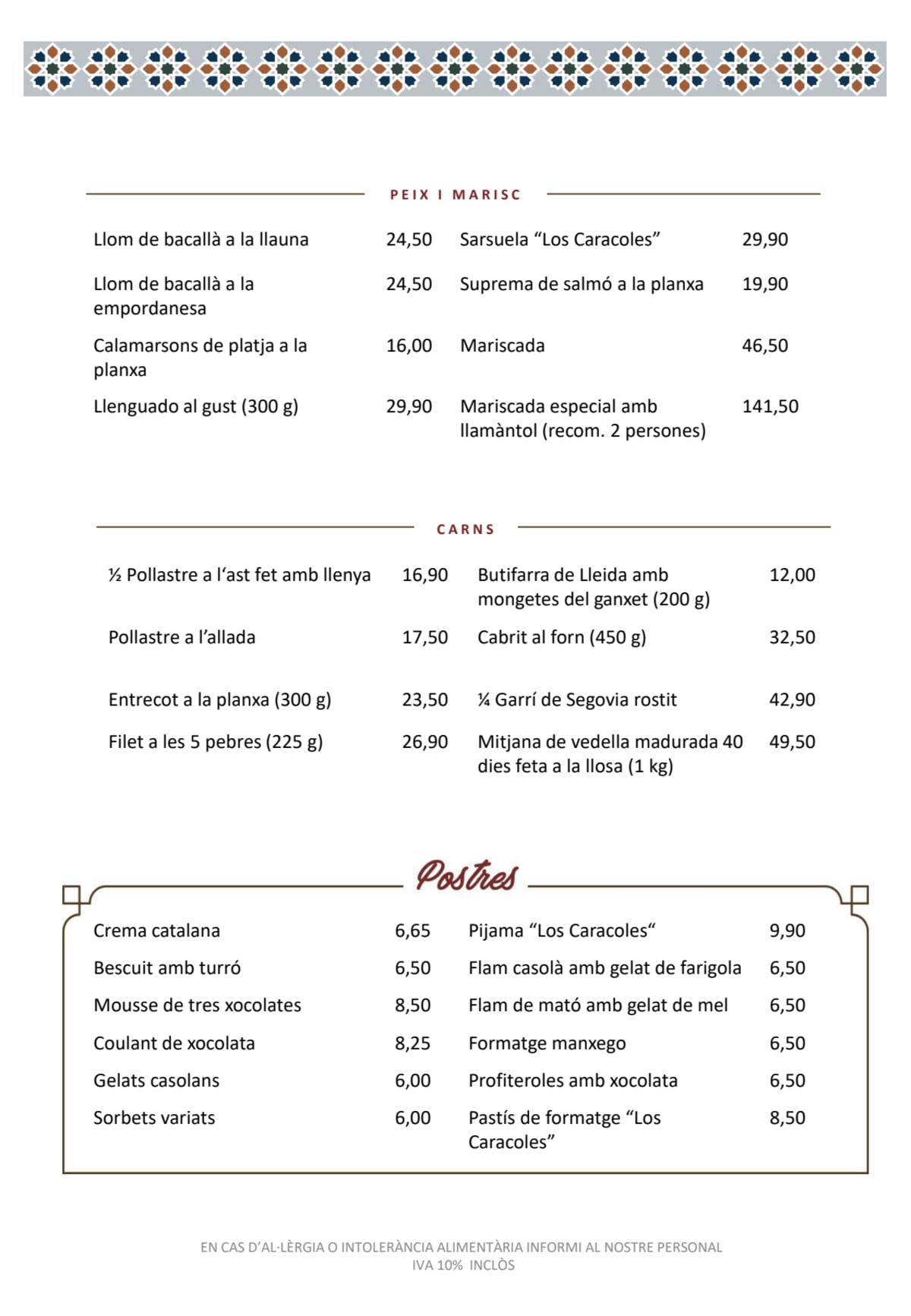 Los Caracoles menu