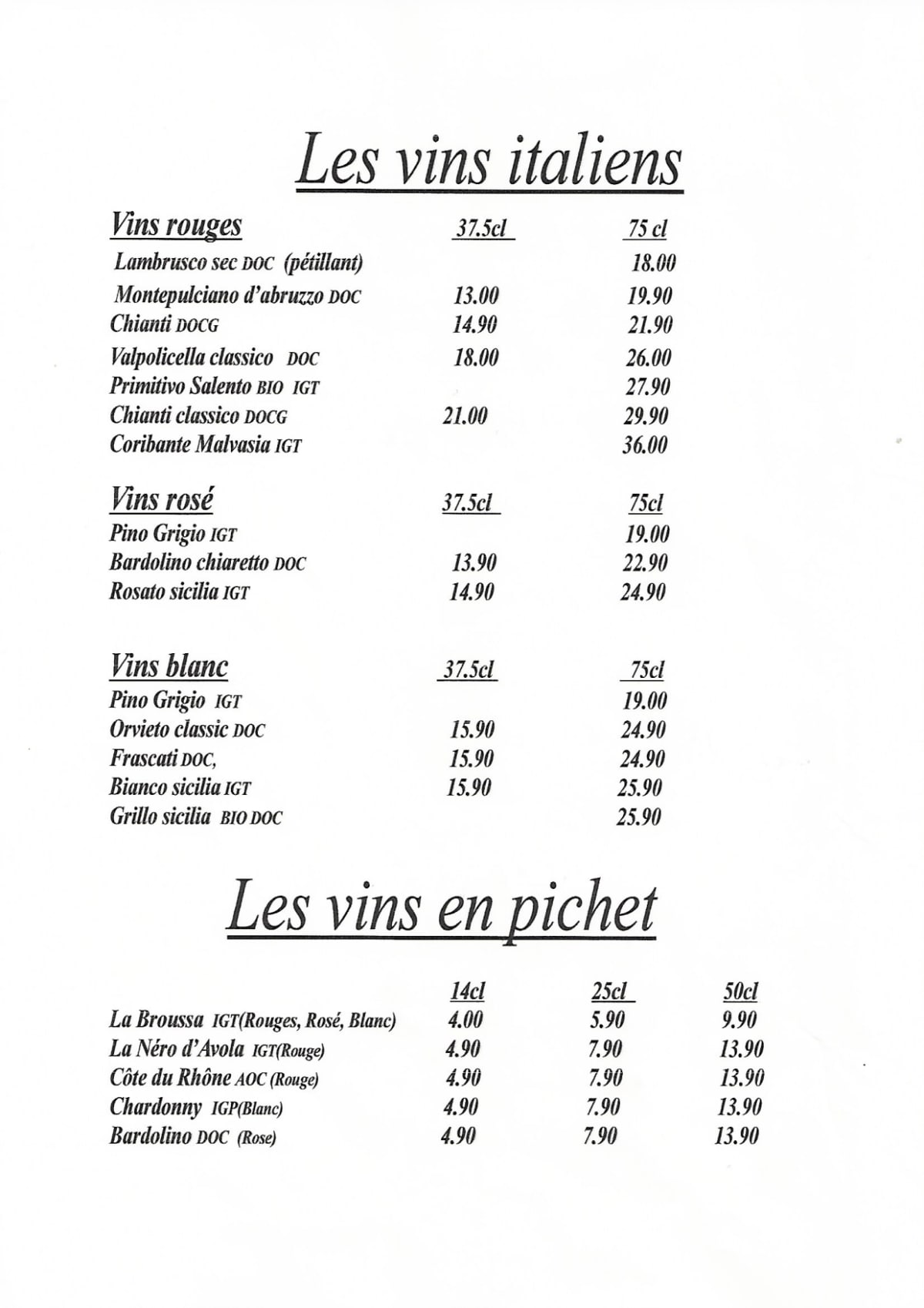 Le Filippo menu