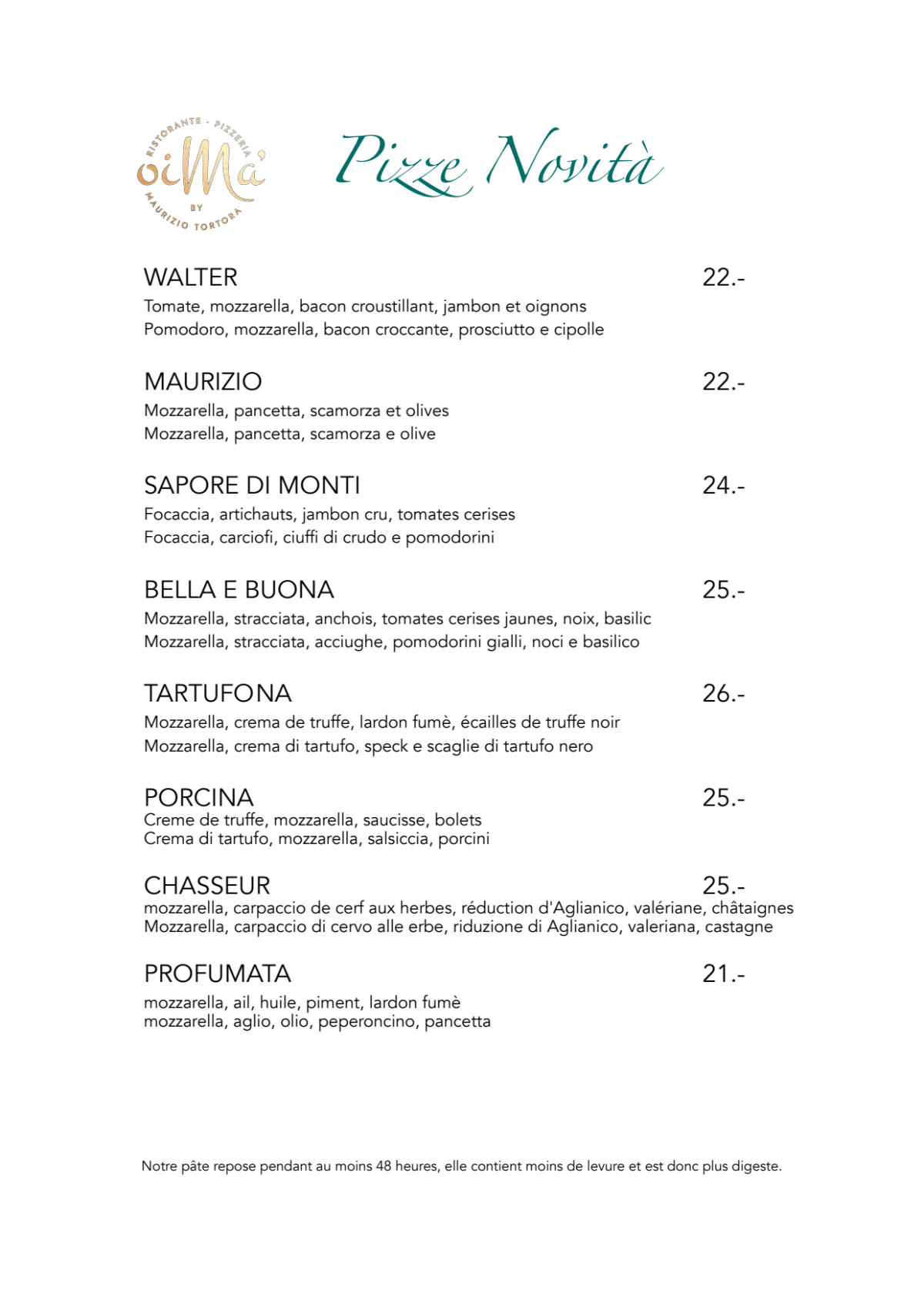 Speisekarte 2023 Oima’ Restaurant Pizzeria in Le MontsurLausanne