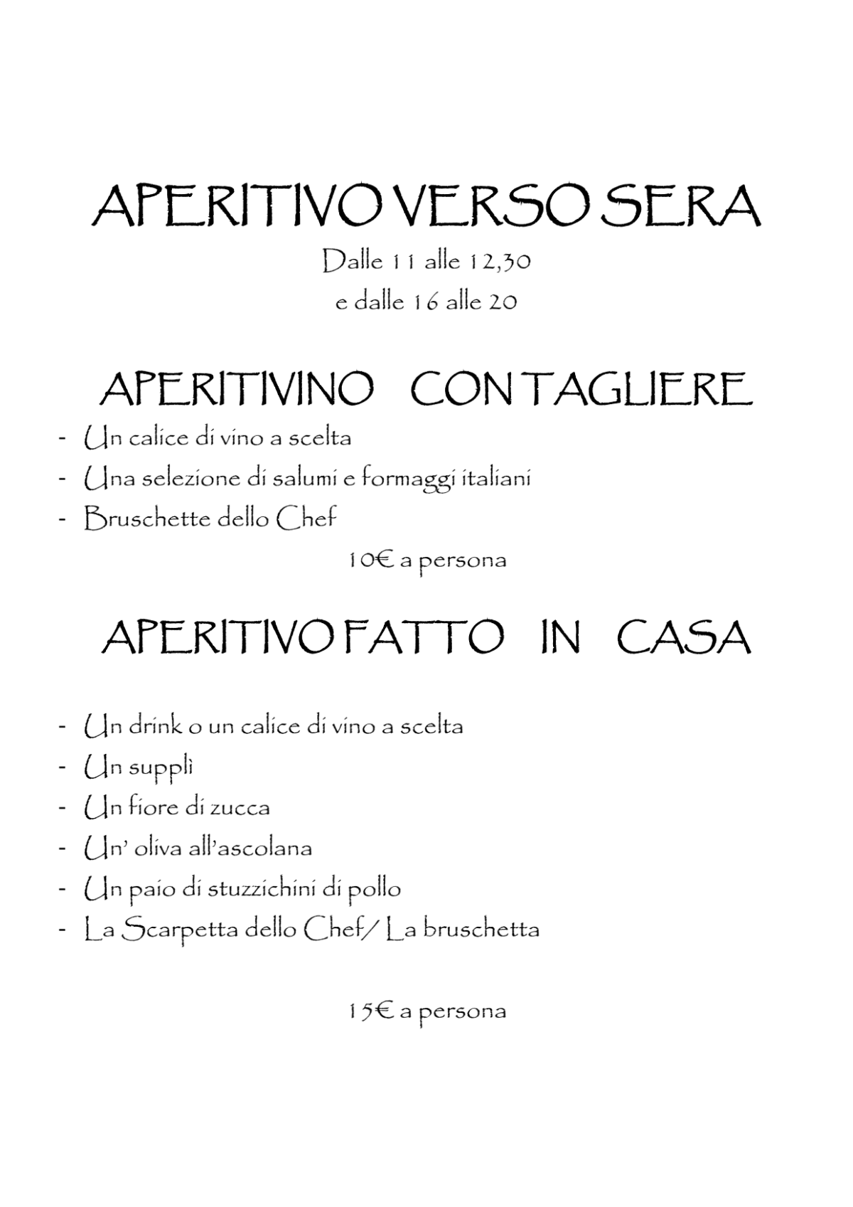 Verso Sera menu