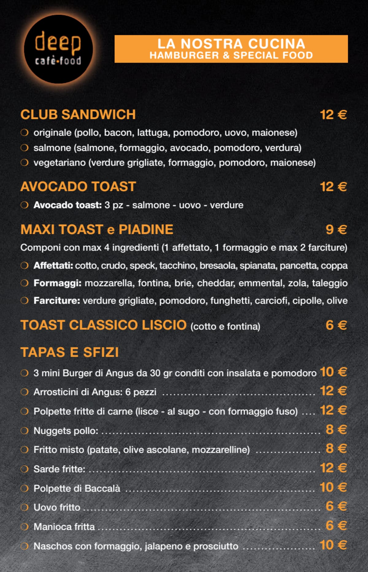 Deep Milano menu