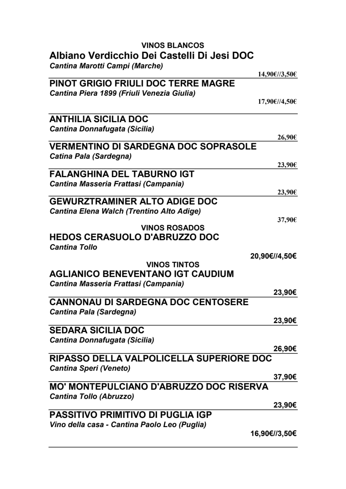 Metamorfosi italian Bar & Restaurant menu