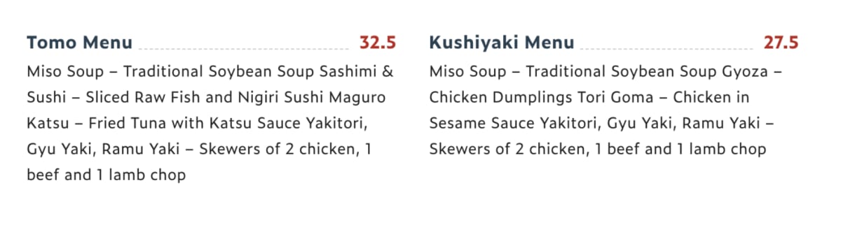 Tomo Sushi menu