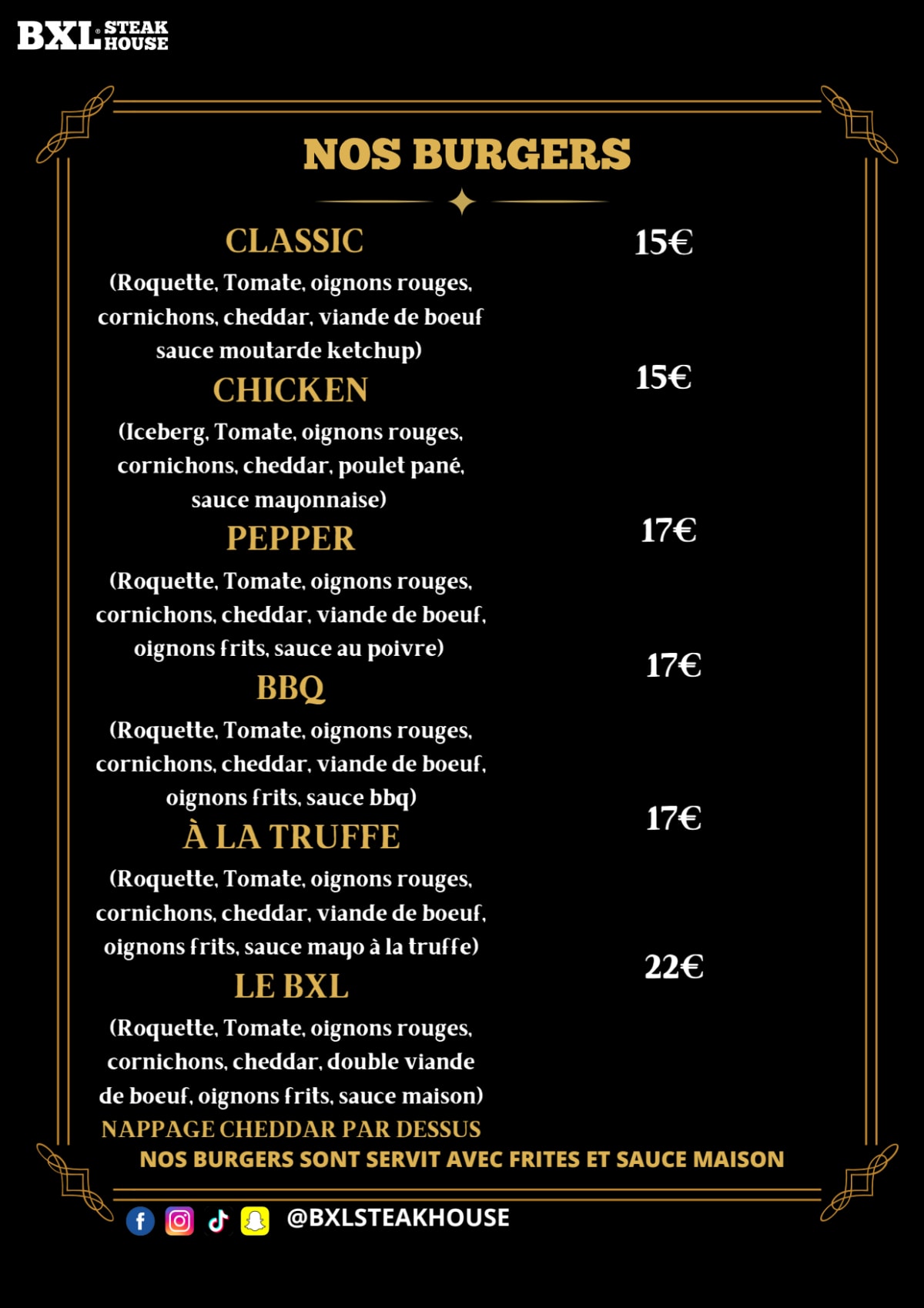 BXL STEAK HOUSE menu