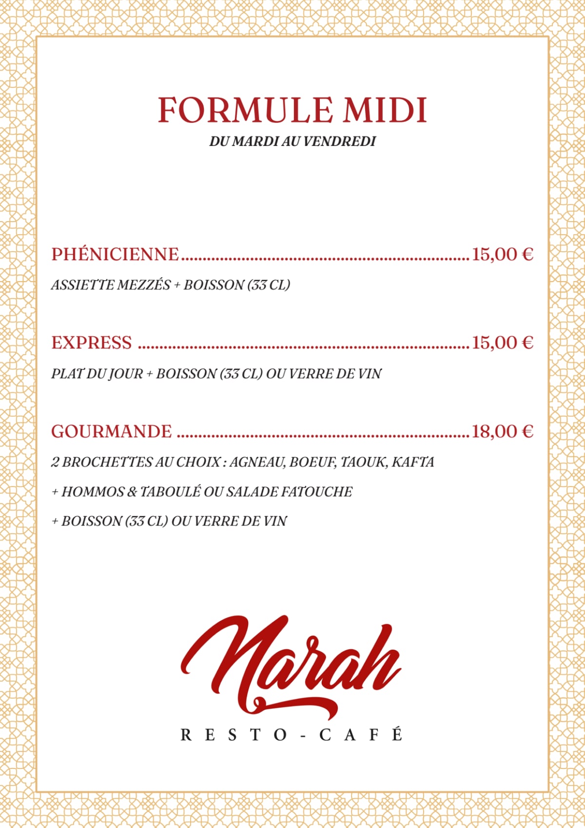 Narah Paris menu