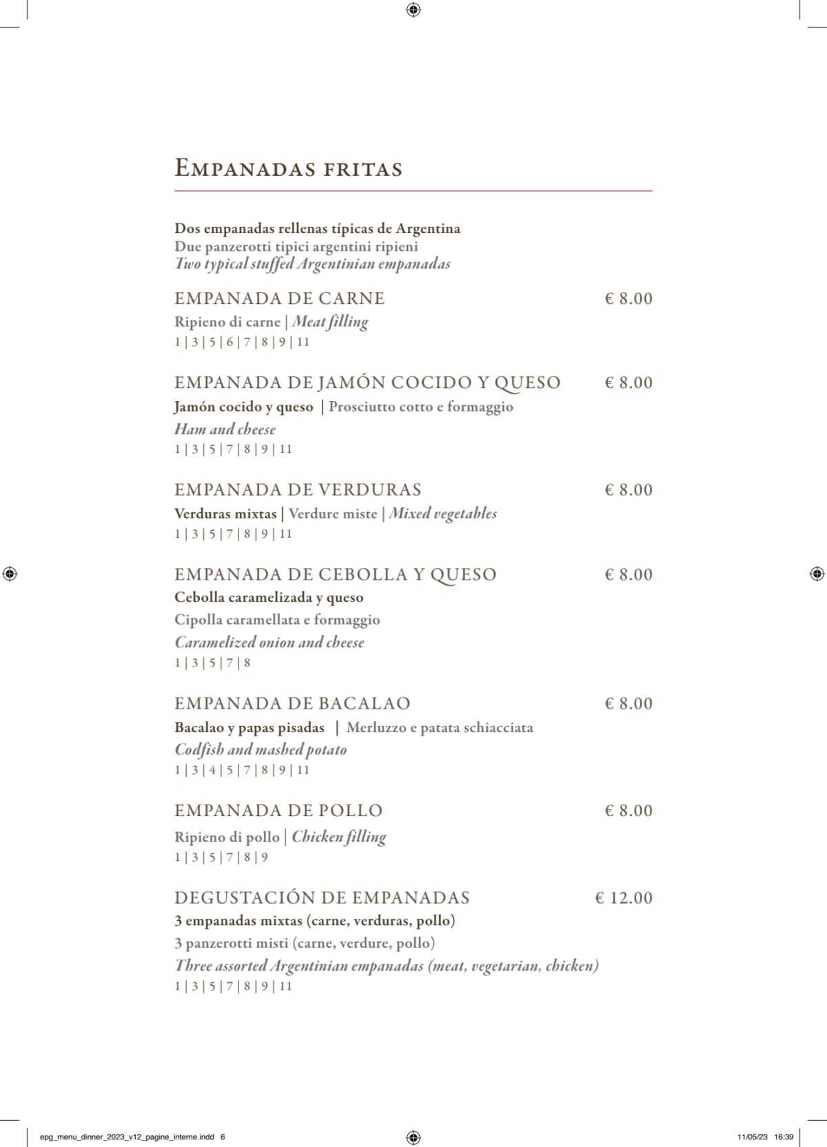 El Patio Del Gaucho, Javier Zanetti menu