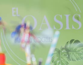 Cartel colorido de "El Oasis", un bar de cócteles, con un ambiente animado y tropical.