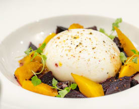 Burrata cheese surrounded by roasted beets and ripe mango slices, garnished with microgreens, olive oil, and black pepper.