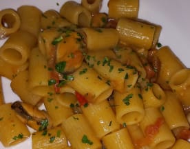 Rigatoni al dente con salsa leggera, funghi saltati, pomodori a cubetti e prezzemolo fresco.