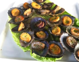 Plato de mariscos con almejas o vieiras sobre lechuga fresca, adornado con una salsa de hierbas.