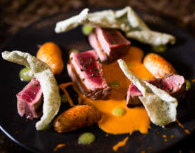 Pechuga de pato sellada con salsa de naranja, acompañada de verduras asadas y crujientes láminas, todo aderezado con una salsa verde de hierbas.