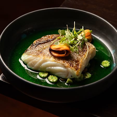 Pescado blanco perfectamente sellado sobre una salsa verde brillante, acompañado de rodajas de pepino y microgreens.