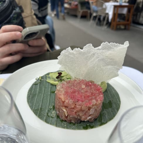 Line-caught tuna tartare marinated in sweet almond oil and soy, avocado cream and rice crisps  - La Mascotte, Paris