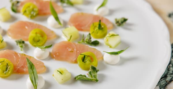 CRUDO DI RICCIOLA*, POMODORO VERDE, CETRIOLO, YOGURT GRECO E DRAGONCELLO - San Baylon Restaurant, Roma