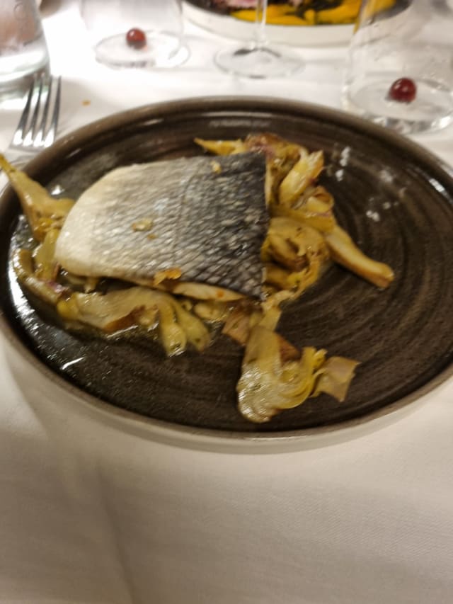 Canarian sea bass in a salt crust with sautéed artichokes  - Il Mosto Selvatico, Milan