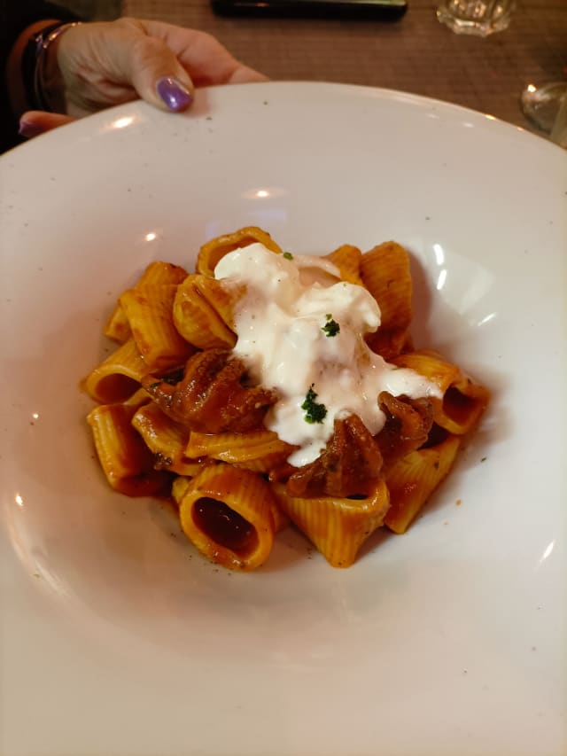 Mezzi paccheri al sughetto rosso di polipetti e burrata - Murales Bistro'