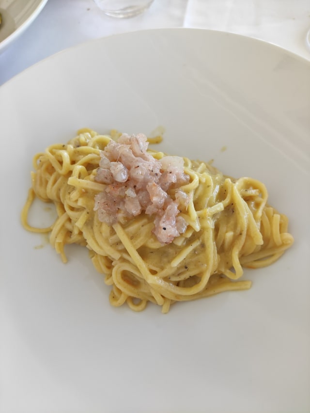 Tagliolino pomodoro giallo e tartare di gamberi rosa  - Club Nautico della Vela