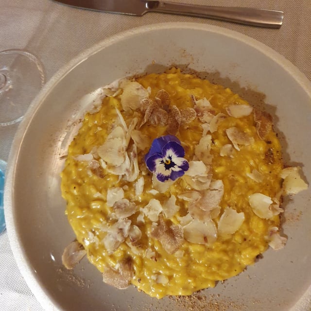 Risotto carnaroli selezione acquerello mantecato alle castagne funghì e tartufo nero  - L'Inedito Vigin Mudest, Alba