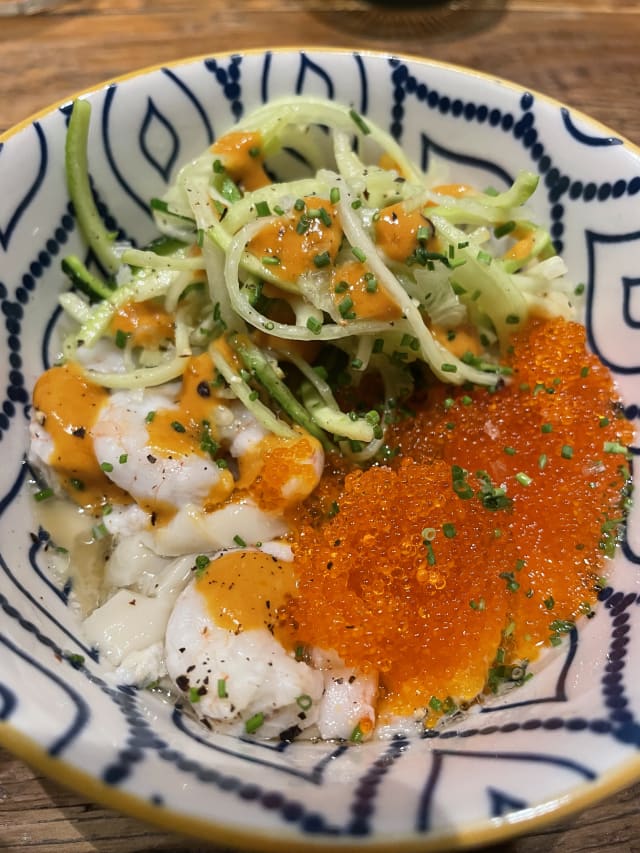 Natillas saladas de Gamba blanca de Denia, espaguetis de Calabacin , huevas de Pez Volador y crema de Gamba al Ajillo - Open