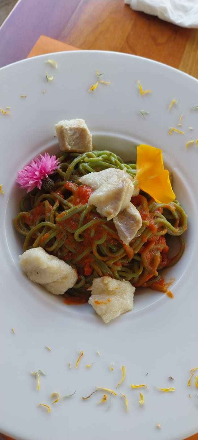 Spaghetti agli spinaci con sugo al pomodoro e salmerino marinato - Agritur allo stesso campo