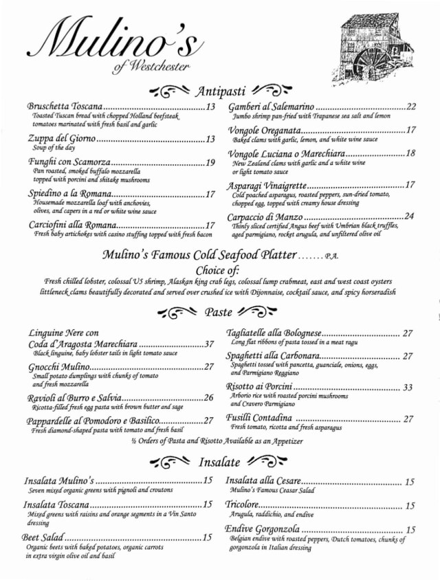 Menu 2024 Mulino's of Westchester in White Plains TheFork