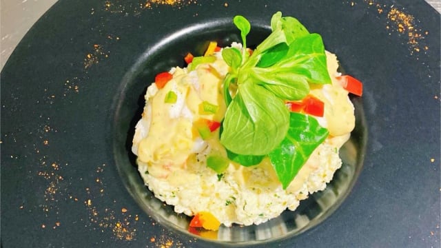 Risotto Cabillaud et Crème de Poivron - L'Ours Bleu