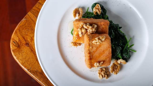 Saganaki with steamed baby spinach, walnuts and honey  - Soul Kitchen, Venice