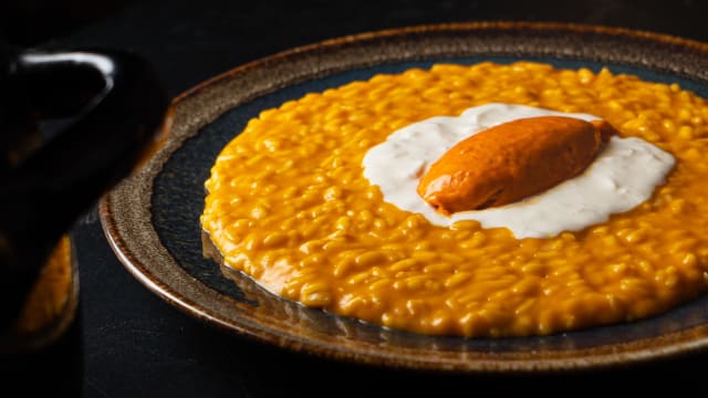 Risotto alla zucca, stracciatella di bufala e gelato all'nduja - Il Belli al Trionfale