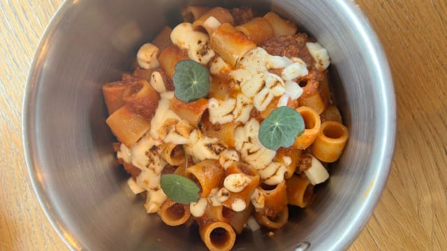 Mezzi Occhi di Lupo with bolognese ragù, aubergines and provola cheese  - Sea Front Pasta Bar, Naples