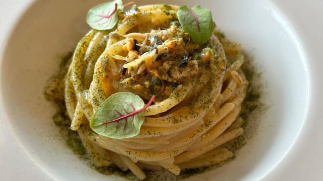 Vermicelloni with chopped mussels and lemon,  schinus-scented water and verbena - Sea Front Pasta Bar