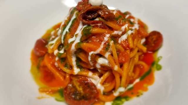 SPAGHETTO QUADRATO AL SIGNOR POMODORO, LIQUIDO DI BASILICO, FILANGE DI POMODORI SECCHI,POLVERE DI OLIVE E GOCCE DI STRACCIATELLA - Elios Café, Rome