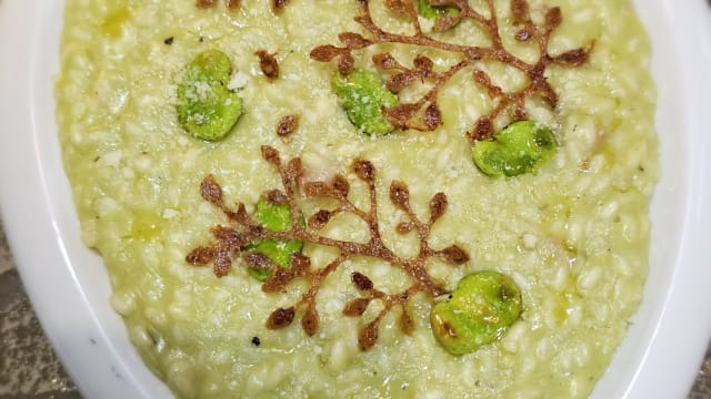 Risotto crema di fave mandorle tostate guanciale pecorinon - Matres, Capua