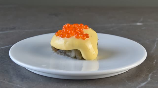 Roasted eggplant pie, tarragon bearnaise, and trout roe - Castell Peralada