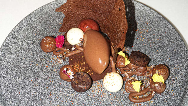 Fermented cocoa sorbet and Valrhona chocolate origins - A'Barra, Madrid