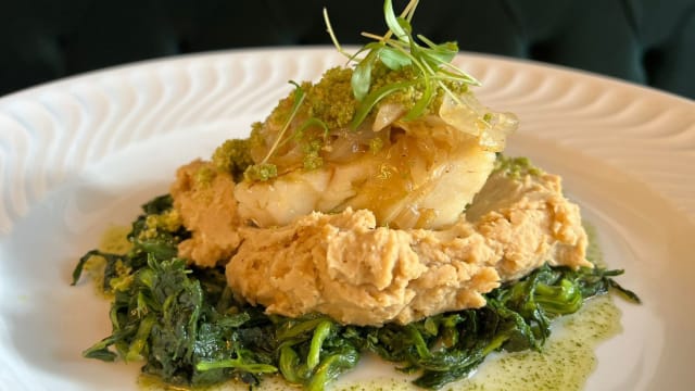 Portuguese Codfish With a Crust of Corn Bread Set on Chickpea Purée and Sprouts - Palácio do Visconde, Lisbon