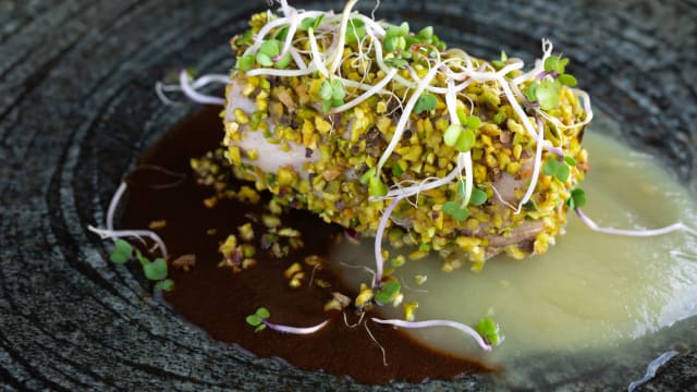 Filetto di cinta senese in crosta di pistacchio, salsa alle mele e sugo d’arrosto - Hostaria Terre Rosse