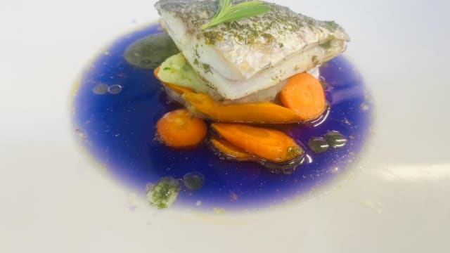 Orata sfilettata, fumetto di pesce, cavolo viola e verdure al vapore con gocce di prezzemolo  - Hotel Ligure, Spotorno