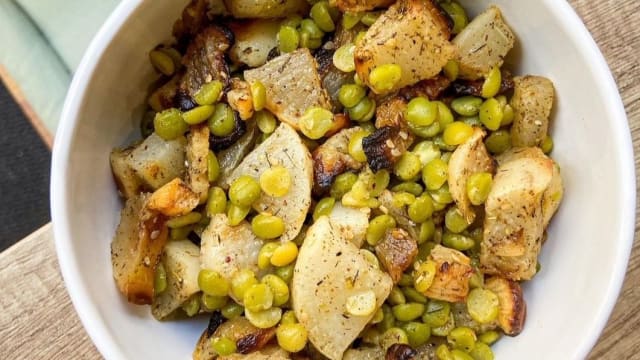 Lentilles corail avec aubergines rôties avec féta basilic - Au bien manger, Levallois-Perret